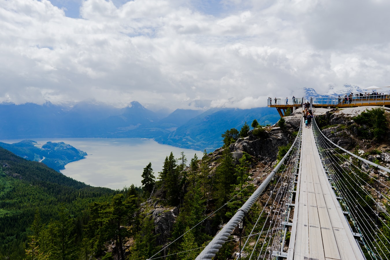 Suspension bridge overlooking mountains and a lake